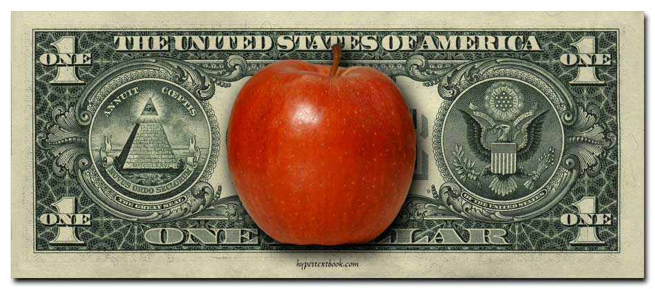 A red apple in front of a dollar bill